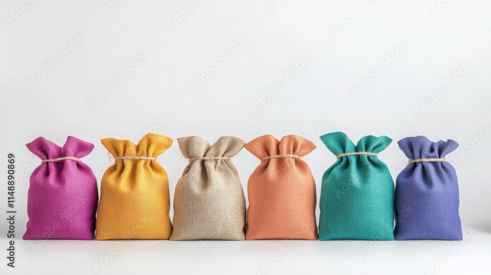Poster a neat row of burlap sacks and colorful fabric bags of different sizes, arranged on a plain white ba