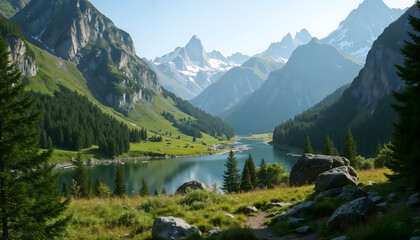 Photorealistic mountain valley with clean rivers winding through lush greenery and soft morning sunlight