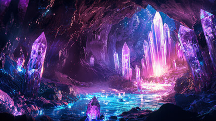 A sparkling crystal cave with shimmering quartz walls, glowing pools of water, and an otherworldly, radiant atmosphere, evoking a sense of magic and mystery in a fantastical, luminous setting.