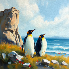Penguin. Animal illustration with oil paint. Pattern for printing on wall decorations, covers, wallpapers