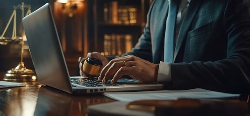 A professional in a suit working on a laptop with legal elements in the background.