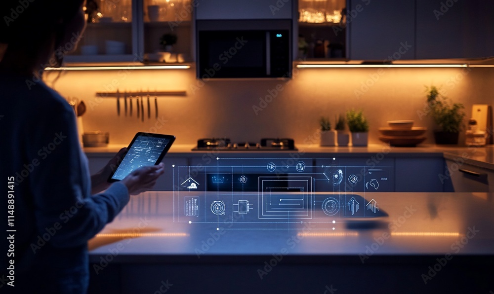 Poster a person using a tablet in a modern kitchen with digital interface elements.