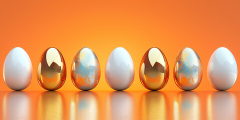 Glossy golden and white Easter eggs with reflective finishes on a vibrant orange background, creating a bold festive design