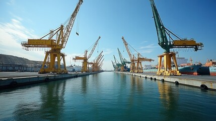 Obraz premium Port cranes at a busy shipping dock.