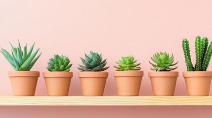 A series of small potted plants in matching terracotta pots