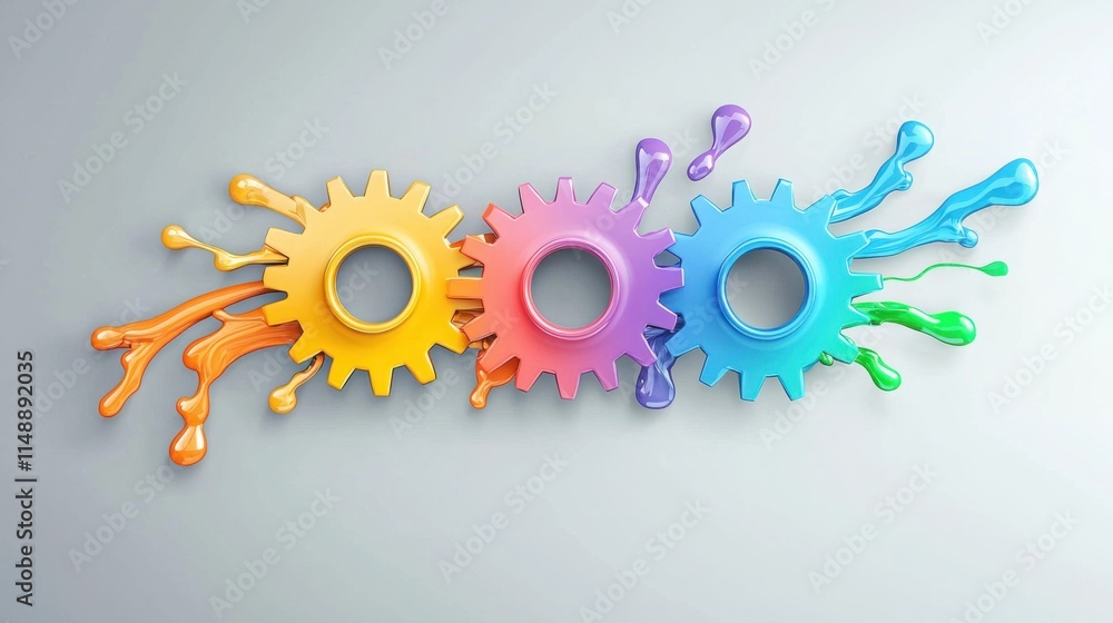 Poster a set of interconnected gears with colorful splashes of paint and light emitting from them