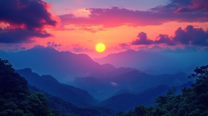 Fototapeta premium Vibrant sunset over misty mountain range.
