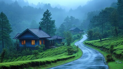 Fototapeta premium Serene landscape of a misty mountain retreat with lush tea plantations and a winding road under soft morning light