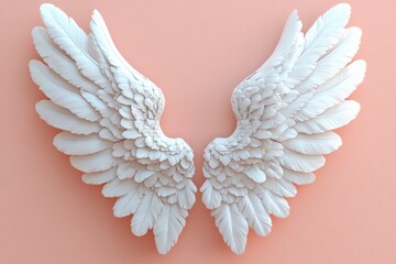 Fototapeta premium Angel Wings: A pair of delicate, white angel wings with intricate feather details, spread against a soft, blush pink background. This image evokes a sense of peace, purity, and hope.
