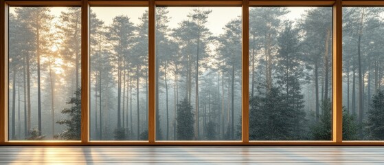 Misty Forest Sunrise View from Large Window