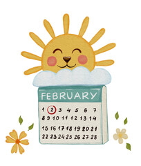 Illustration with sun and calendar for Groundhog Day. For poster, postcards, baby poster.