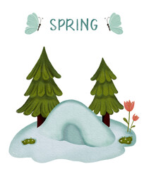 Spring vibe illustration with green trees and snow , flowers. Croundhog day. For postcards or poster for celebration.