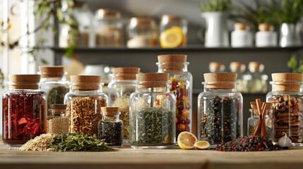 A collection of handcrafted tea blends displayed in glass jars, surrounded by fresh ingredients,