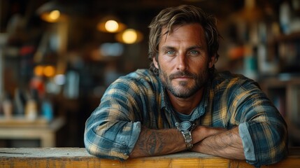 Obraz premium A contemplative man with a rugged look poses in a cozy, rustic environment.