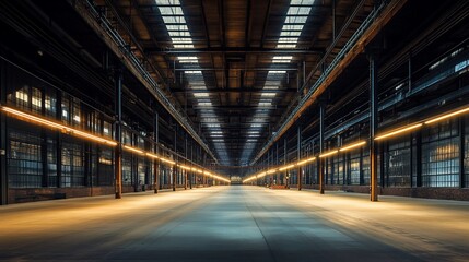 A spacious industrial interior with bright lighting and a long perspective.