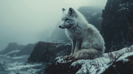 Obraz premium A white wolf perched atop a snow-draped hill, beside a murky body of water on a foggy day