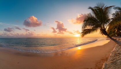 paradise beach with palm trees and calm ocean at dawn or sunset panoramic banner of a peaceful landscape generative ai