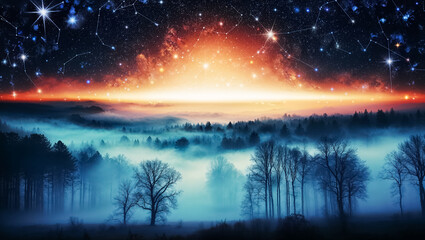 Obraz premium Amazing night forest, trees, fog, starry sky