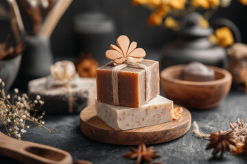 Handmade soap bars wrapped in rustic style, adorned with natural elements