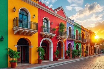 Obraz premium Colorful colonial architecture in Santo Domingo. Vibrant buildings with arched doorways, balconies. Beautiful sunset scene. Ideal for travel tourism photos, city landscape. Picturesque view. Heritage