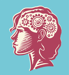 Rotating gears in woman head. Thinking brain. Idea, thought concept