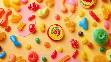 Fototapeta premium A vibrant background filled with assorted candies—gummy bears, jelly beans, caramel swirls—creating a playful, colorful, and cheerful atmosphere, perfect for sweet-themed designs or promotions.