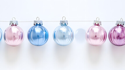 Pastel pink and blue glass Christmas ornaments hang on a white background.  Elegant and festive,...