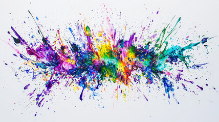 Fototapeta premium A vibrant burst of multicolored paint splatters on a clean white background, radiating energy and creativity, perfect for artistic or dynamic-themed designs and promotions.