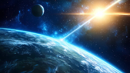 Fototapeta premium Cosmic phenomenon: earth observes distant quasar with radiating energy beam in space. Quasar. Illustration