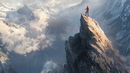 A lone hiker stands triumphantly on a mountain peak, overlooking a vast, misty mountain range at sunset.