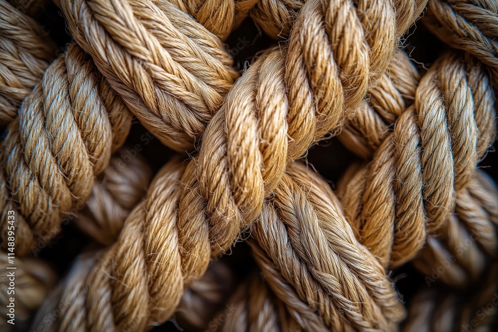 Poster closeup view of intricately woven rope. natural fibers intertwine tightly creating textured pattern.