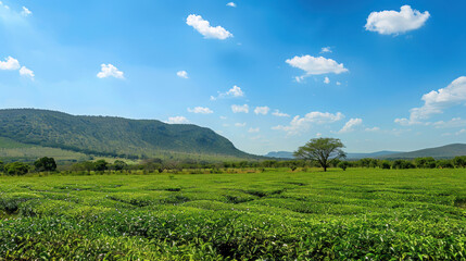 Obraz premium A dramatic tea field with towering hills in the background and a vibrant blue sky overhead,