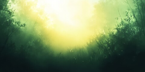 Ethereal green and yellow forest scene with soft sunlight and abstract natural textures