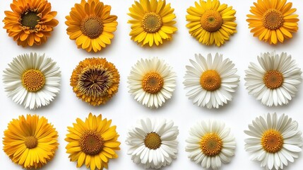 Yellow and white daisy flowers pattern on white background.