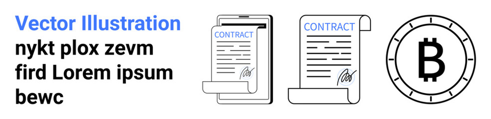 Documents labeled contract with signatures, Bitcoin symbol in coin outline, text sample. Ideal for technology, finance, business agreements, digital currency, blockchain, legal documents, online