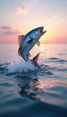 Fototapeta premium A stunning scene of a fish leaping out of the water at sunset, symbolizing the excitement of fishing and the beauty of nature. Perfect for fishing-related projects.