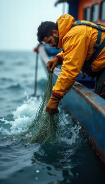 A dedicated fisherman pulls in his catch from the sea, showcasing the hard work and skill involved in fishing, perfect for marine industry visuals.