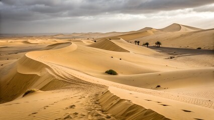 A vast desert landscape stretches across the horizon under a dramatic sky filled with dark clouds.