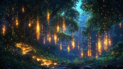 Fototapeta premium A forest at night illuminated by fireflies, with a tranquil stream flowing in the foreground