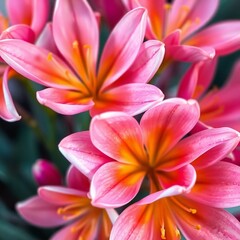 Fototapeta premium Alstroemeria flowers, delicate petals in vibrant hues of pink, orange, and yellow, soft lighting, charming and whimsical style, close-up framing emphasizing intricate details