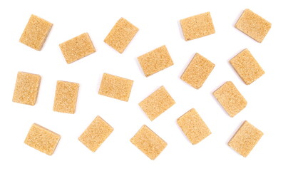 Set brown sugar cubes isolated on white background, top view