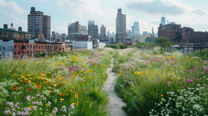 Fototapeta premium A green corridor filled with wildflowers and walkways cutting through a city