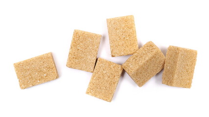 brown cane sugar cubes isolated on white background, top view