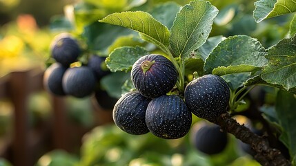   A tree branch bearing multiple fruits is shown with close-up detail The image includes lush green foliage in the background and a fence
