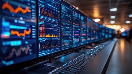 A modern trading room filled with multiple computer screens displaying dynamic financial data and stock market trends