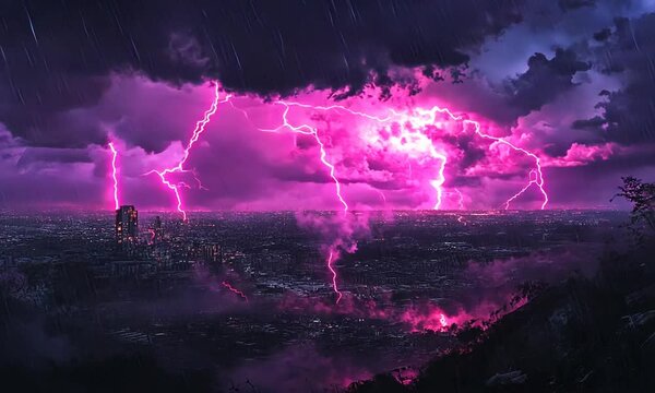 Pink Lightning Storm over Cityscape