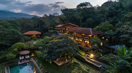 Fototapeta premium A hidden tea estate nestled in a lush valley, with streams and wildlife enhancing its charm,