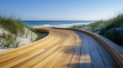 California Coastal Boardwalk with ocean views and sandy dunes, scenic seaside pathway