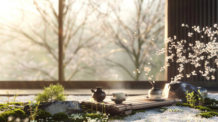 A Japanese tea ceremony performed in a Zen garden with cherry blossoms and soft sunlight,