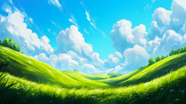 Rolling green hills under a vibrant blue sky with fluffy clouds
